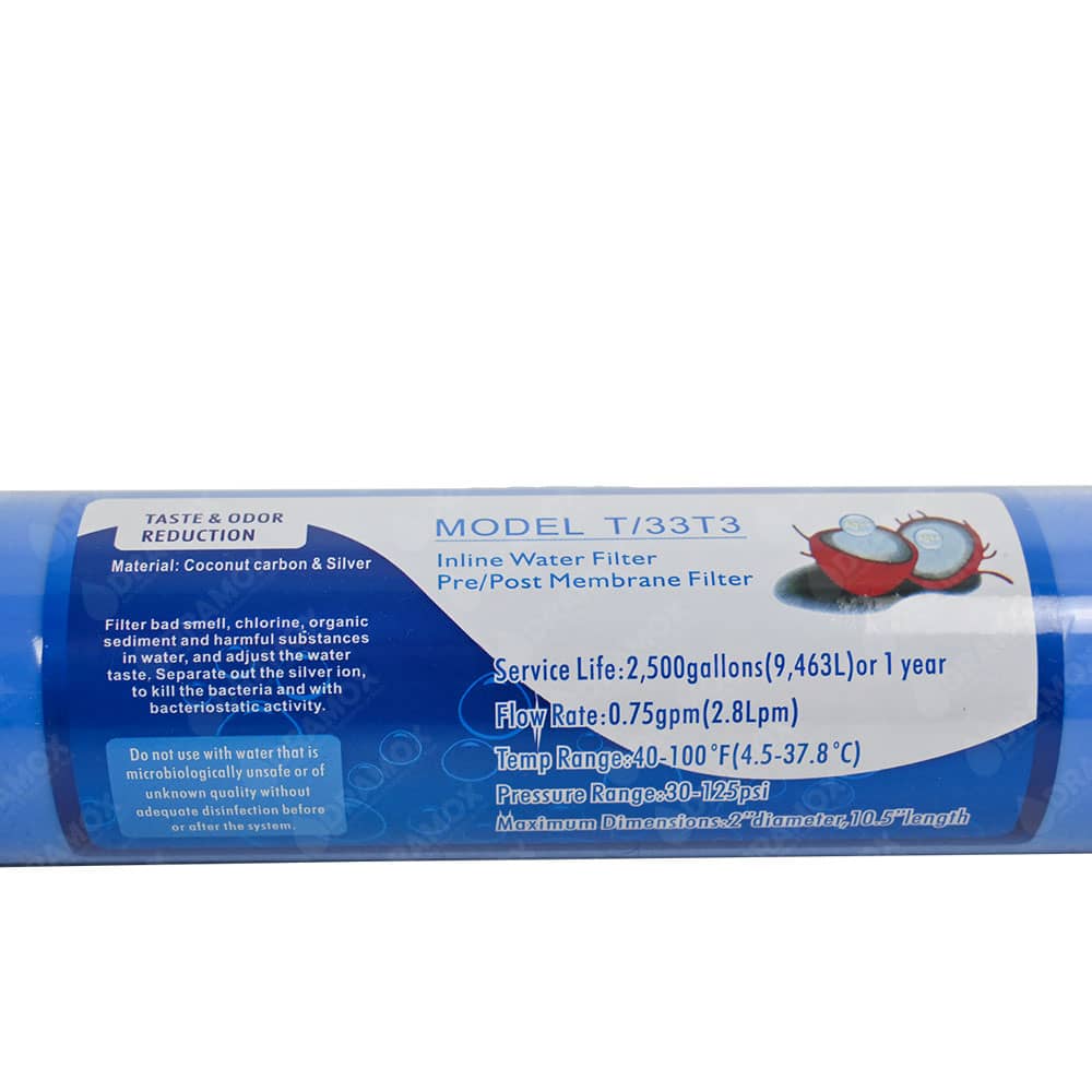 Filtro de carbón activado con plata en línea 2x10 conexión rosca de un cuarto